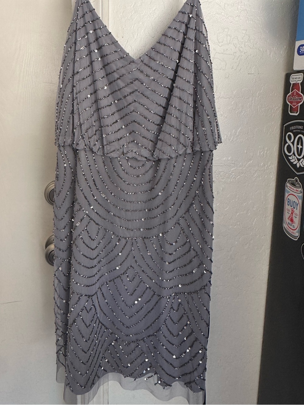 Adrianna Papell Silver-Grey Beaded Spaghetti-Strap Mini Dress